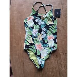 Volcom Girls Sunny Beach Floral One-Piece Swimsuit Kids 8 NEW‎ Adjustable black